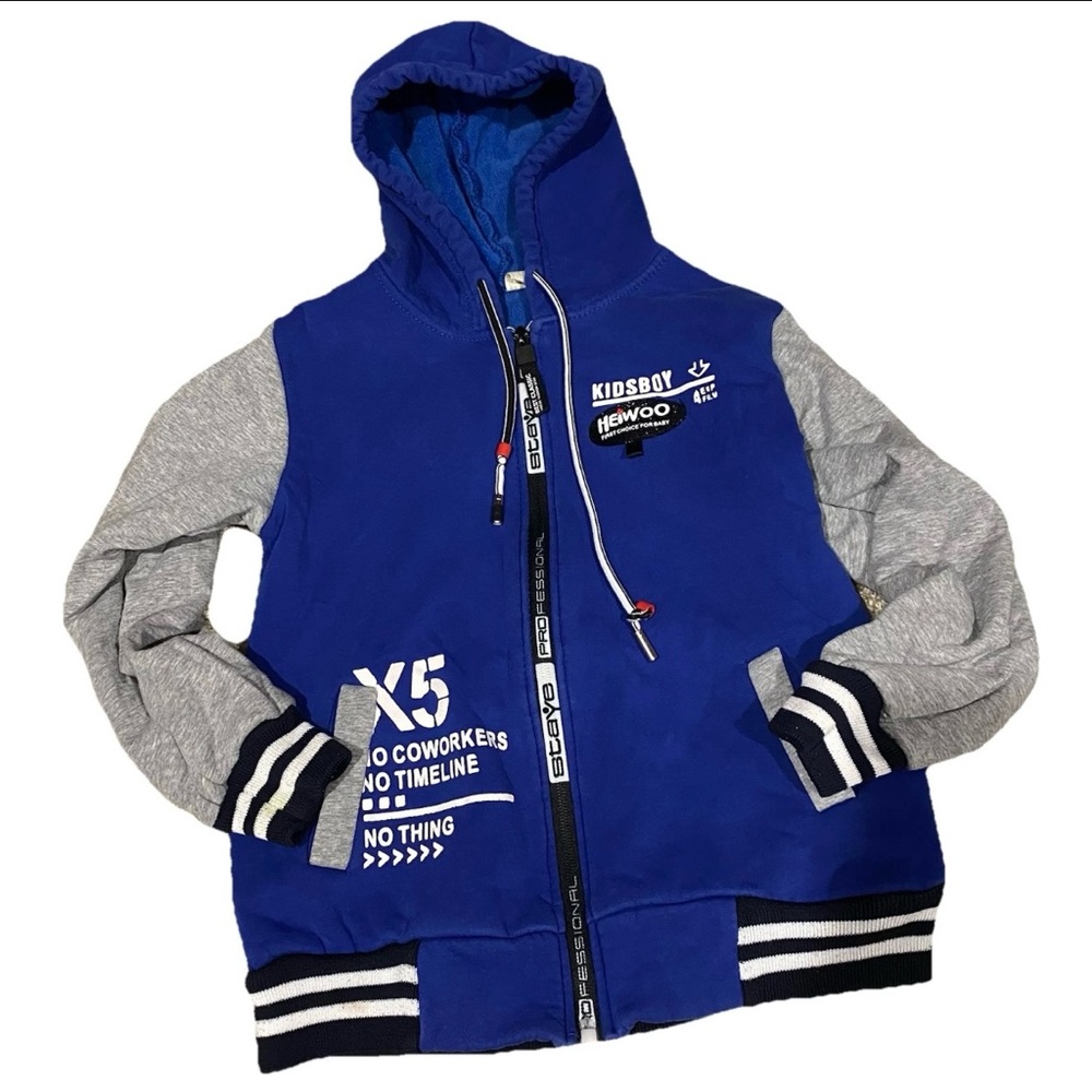 Blue and Gray Zip-Up Hoodie with Striped Cuffs
